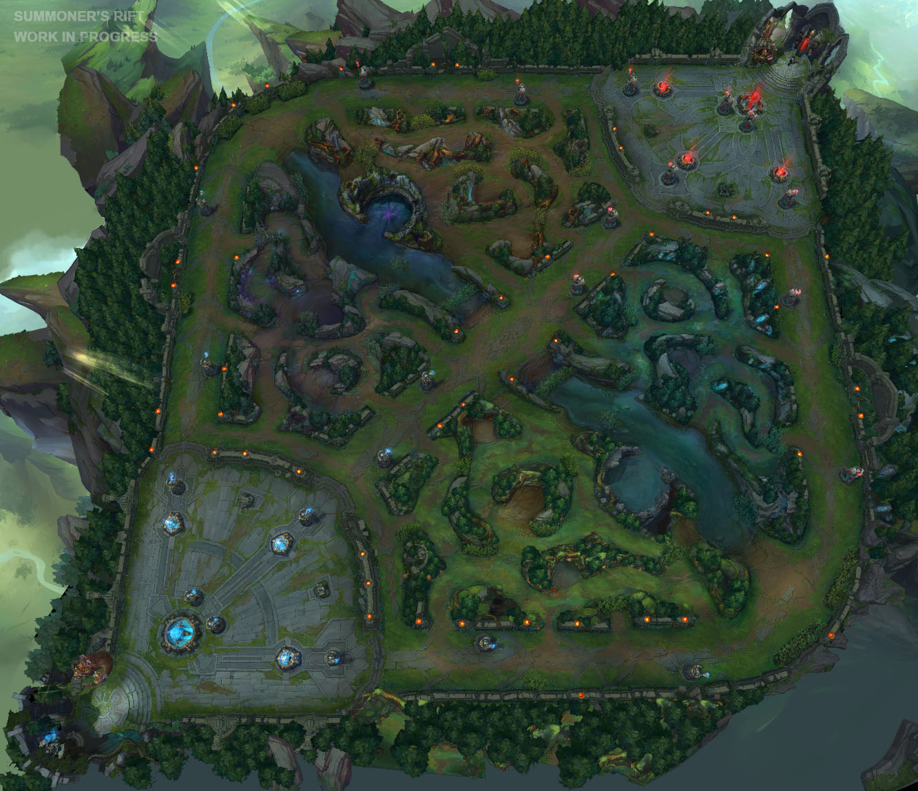 A map of Summoners Rift found on the League boards 
(https://boards.na.leagueoflegends.com/en/c/story-art/dEuEH7qw-the-future-of-summoners-rift)